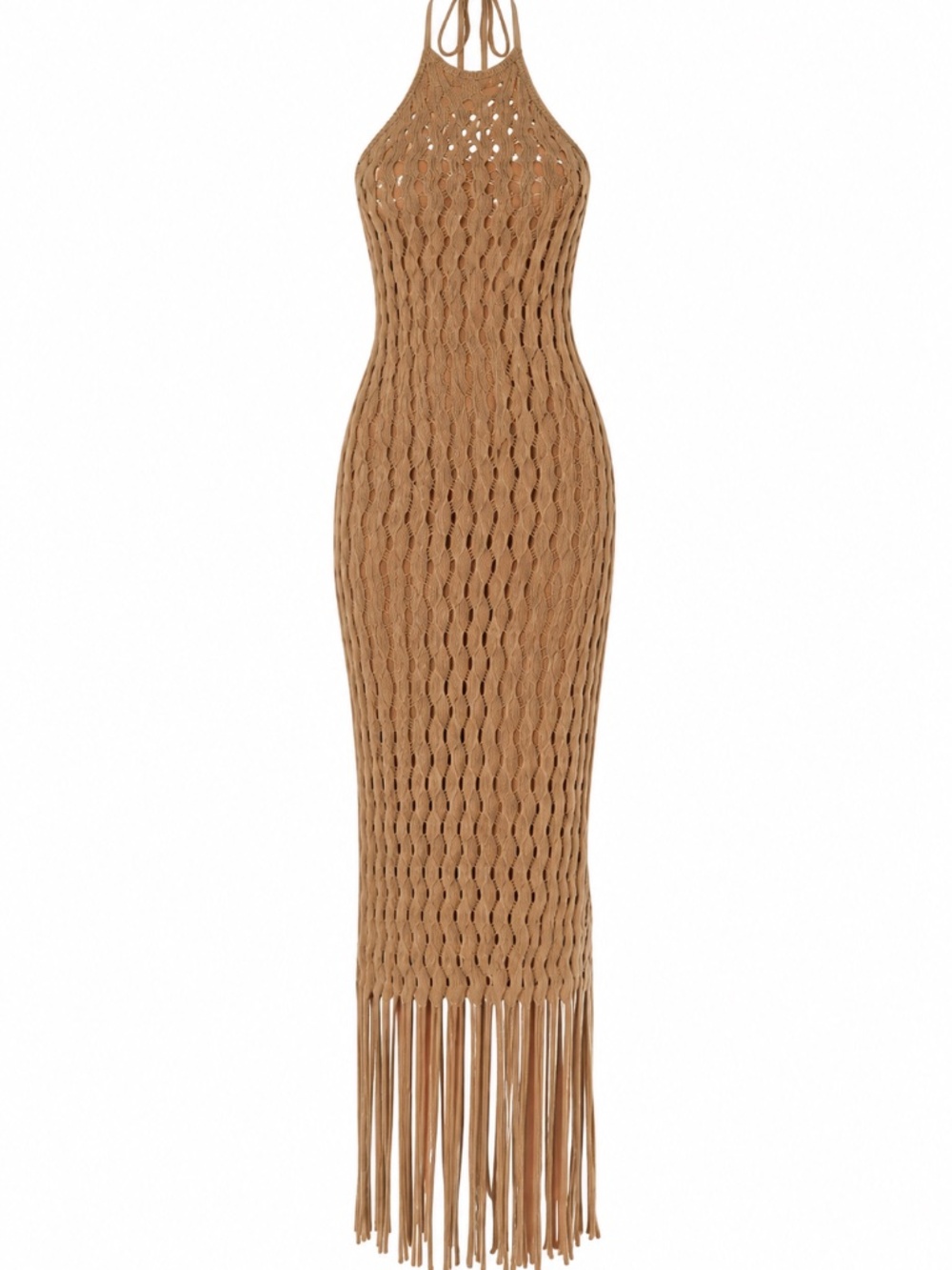 Cult Gaia Rubi Knit Coverup Dress S Light Camel Fringe Halter Maxi NWT